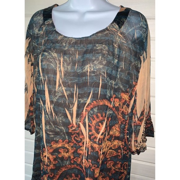 ONE WORLD Tops - ONE WORLD Sz PETITE MEDIUM Peach Teal Green Lined Crinkle Gauzy Tunic Top EUC